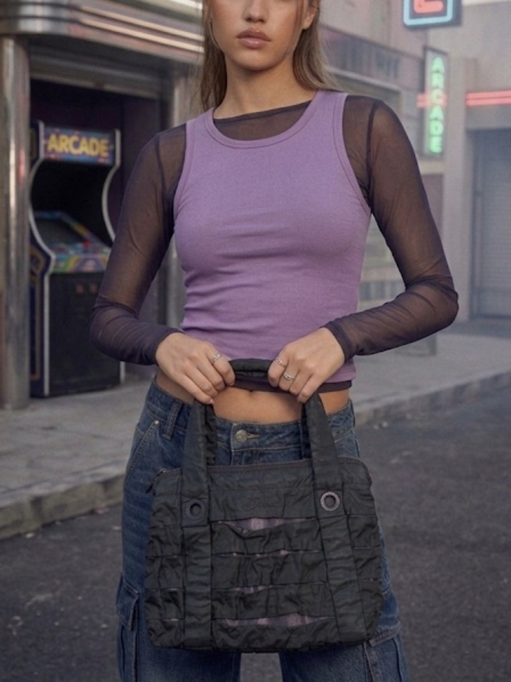 DIESEL y2k Black Ruched Nylon Shoulder Bag Metallic 2000s Cyber Grunge Tech